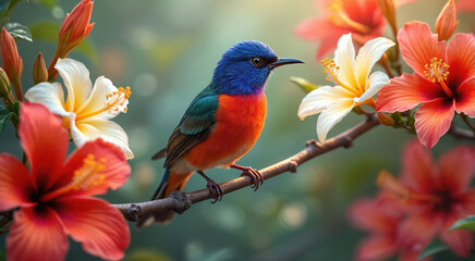 Fototapeta premium Small colorful bird sits on tree branch near red and white flowers. Tiny avian has blue head green wings orange belly. Background blurred green garden with soft sun light.
