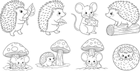 Cute Hedgehog and Mouse Coloring Page Set Featuring Mushrooms, Leaves, and Nature Elements for Kids’ Fun Learning and Activity Books © Sohel