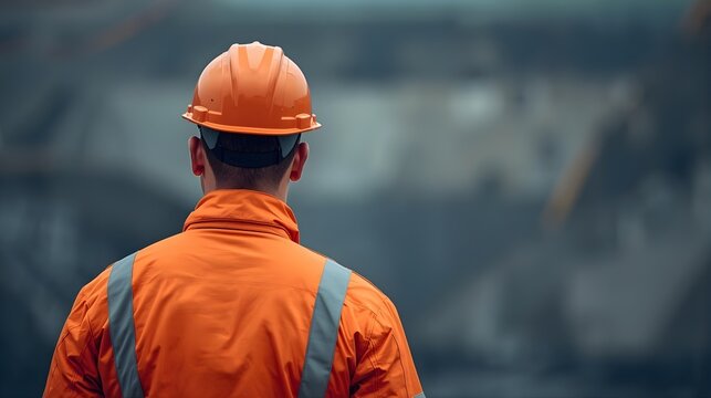 Worker in orange safety helmet and jacket looking away from the camera at a construction site or industrial area