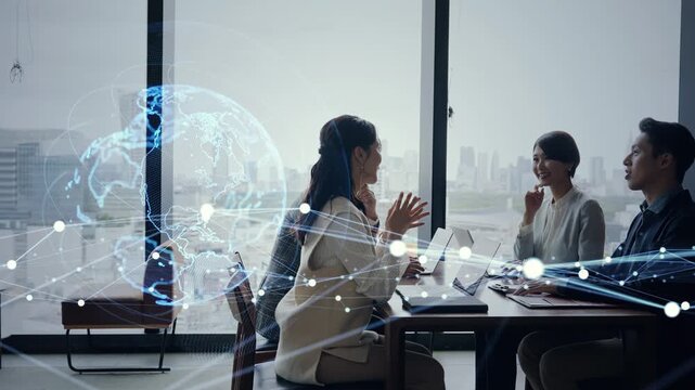 オフィスで会話するビジネスパーソンのグループとグローバルネットワークのコンセプトイメージ