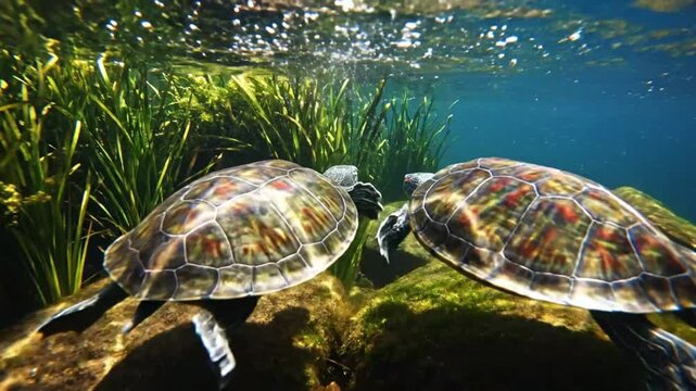 Two red-eared sliders turtles swimming underwater facing each other with grass in the background