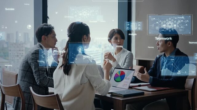 オフィスで会話するビジネスパーソンのグループとデジタルテクノロジーのコンセプトイメージ