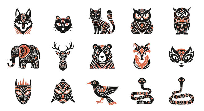 Tribal animal designs and faces.