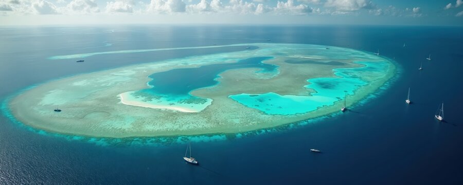 Aerial view of Andros Barrier Reef showing aqua water lagoons coral formations and sailboats on deep blue sea. Remote island paradise shows untouched ocean ecosystem and clear tropical water.