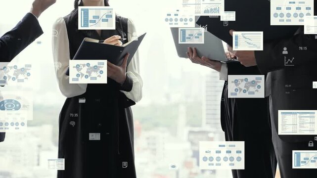 Conceptual image of a group of business people conversing in an office and business data.