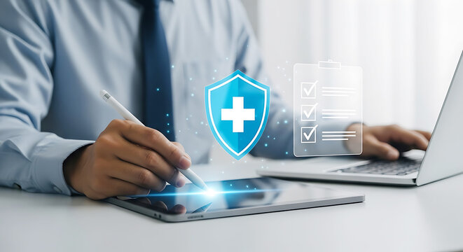 A businessman using a digital tablet with a medical cross shield icon for healthcare security and a laptop on a white desk