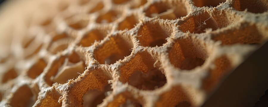 Macro view of corrugated cardboard showing honeycomb structure. Light brown paper material has strong yet light design. Ideal for packaging, eco-friendly boxes, shipping.