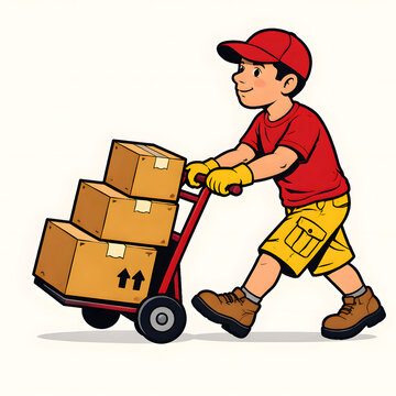 Delivery boy pushing hand truck with cardboard boxes 