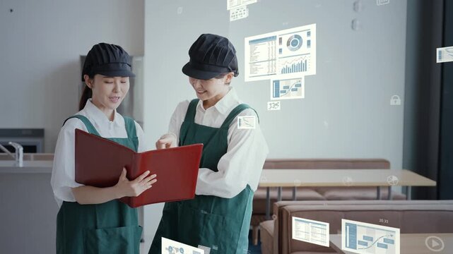 店舗で会話するスタッフのグループとデジタルデータのコンセプトイメージ