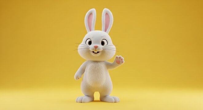 A cute 3D animated cartoon rabbit character waving its paw with a cheerful expression against a plain yellow background, perfect for Easter and children's themes