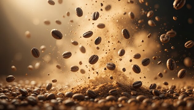 A dynamic, high-speed action shot of roasted coffee beans exploding upward amidst a cloud of fine coffee grounds. The warm, cinematic lighting highlights the rich textures. creates a powerful sensory