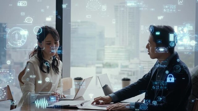 オフィスで会議するビジネスパーソンのグループとデジタルテクノロジーのコンセプトイメージ