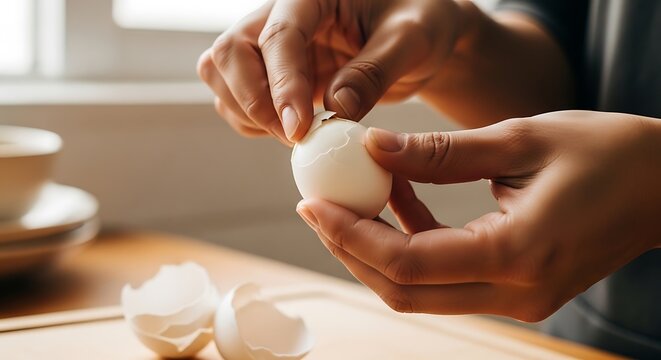 Hands peeling a hard-boiled egg with the shell removed, showcasing a close-up view of the process