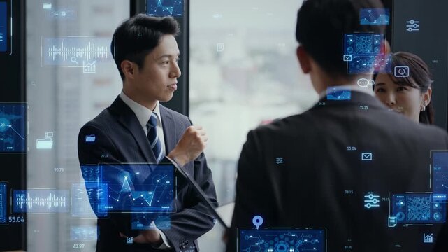 オフィスで会議するビジネスパーソンのグループとデジタルテクノロジーのコンセプトイメージ