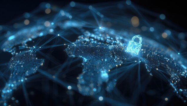 Digitally rendered world map with connected dots, a padlock, and glowing lights, implying security