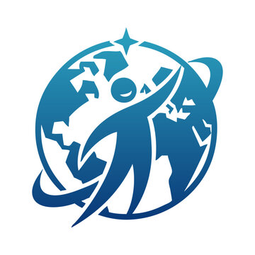 Logo agencia de viajes. Dibujo minimalista con silueta de un hombre feliz saludando en un globo terr&aacute;queo en color azul