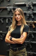 Fototapeta premium Woman stands arms crossed in gun shop. She wears tactical pants and black shirt. Firearms displayed on wall behind her. Represents gun ownership and self defense.