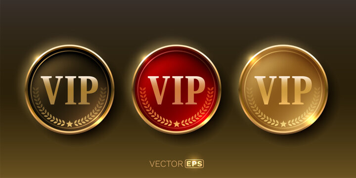 VIP badges set in gold, red, and black.