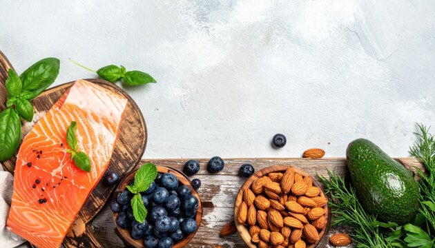 Healthy Foods Assortment - Salmon, Berries, Nuts, and Avocado.