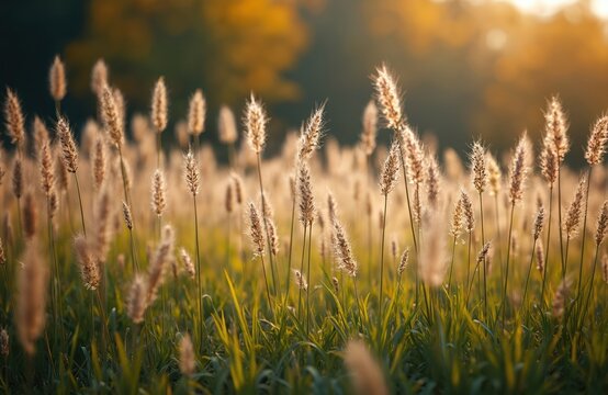 Golden Deschampsia grass stalks sway gently in warm sunlight. Field with green blades and seed heads shows natural beauty. Autumnal light illuminates meadow flora creating serene pastoral scene.