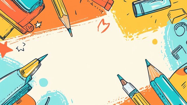 Art supplies frame illustration on colorful background