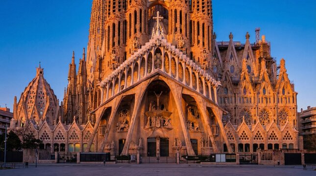 The Sagrada Familia cathedral in Barcelona at dusk with clear blue sky