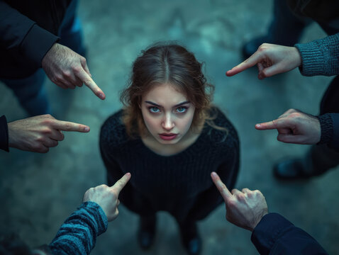 Young woman surrounded by pointing hands in an accusatory circle