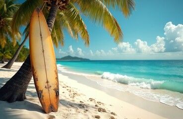 Naklejka premium Old surfboard leans on palm tree trunk. Sunny beach, blue ocean waves, white sand shore. Tropical paradise scene, perfect for vacation themes.