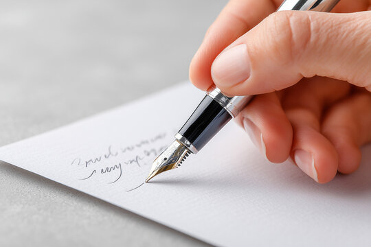 Handwriting practice with fountain pen, cursive writing close-up