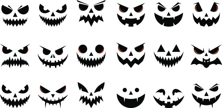 Scary halloween pumpkin faces with evil expressions and red eyes silhouette collection isolated on white background for spooky design set