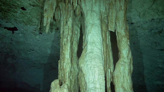 Camera tilts from base of calcite column upward toward ceiling formations in Cenote Dos Ojos, Quintana Roo, Mexico