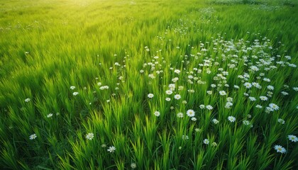 Obraz premium Vast green grass field with small white flowers bathed in warm sunlight. Rich meadow view from above during daytime. Nature scene with flora in bloom.
