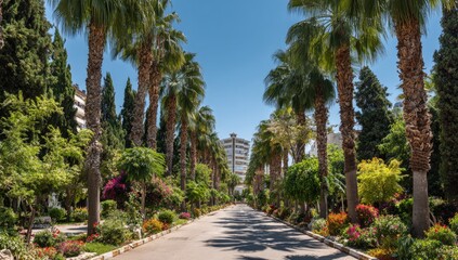 Fototapeta premium Palm-lined path, flanked by vibrant flowers and lush greenery, leading to a distant building