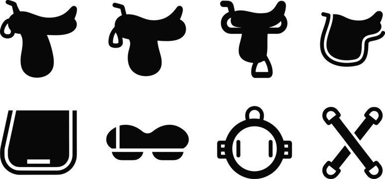 Bold black silhouette symbol pack of horse riding tack including saddles, saddle pad, stirrup, snaffle bit and neckstrap, vector icons on white background