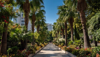 Fototapeta premium Lush, sunny promenade lined with towering palm trees, blooming flowers and vibrant foliage