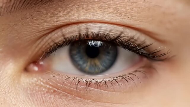 Close up view of a human eye with blue iris, detailed texture of the eyelid and eyelashes, macro photography