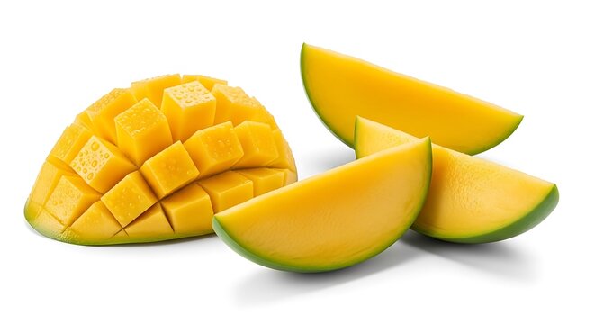 Freshly cut mango slices and diced pieces on white background