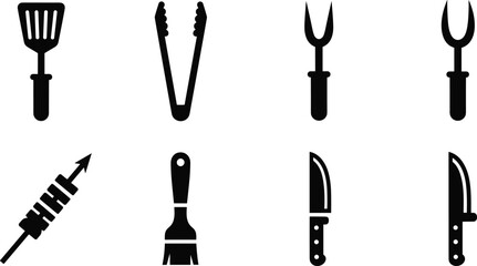 Fototapeta premium Silhouette icon collection of barbecue grilling utensils including spatula, tongs, meat fork, skewer, basting brush and knife, vector symbols on white background