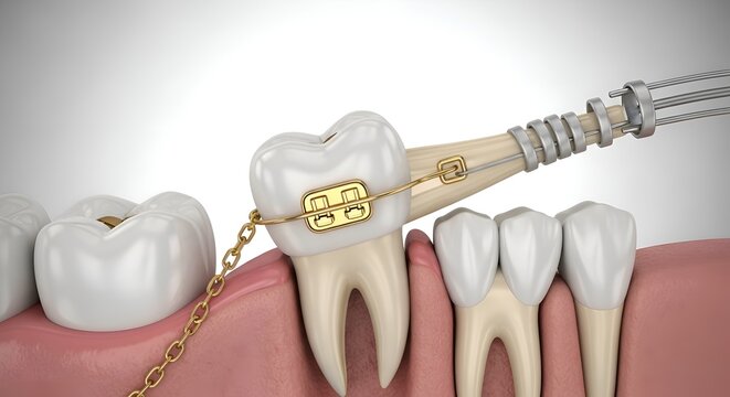 Dental Braces Pulling Impacted Tooth for Orthodontic Correction