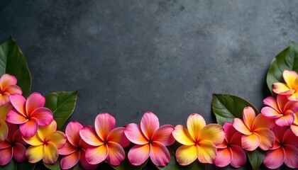Fototapeta premium Colorful plumeria flowers with green leaves line the bottom edge against a dark textured background. This tropical floral arrangement offers ample copy space.