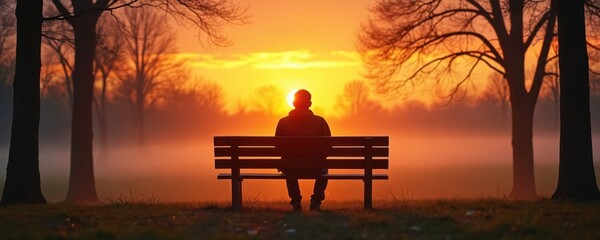 Obraz premium Man sits on park bench looking at fiery sunset. Trees and mist surround him. Dusk light creates atmospheric mood. Solitude and peace observed.