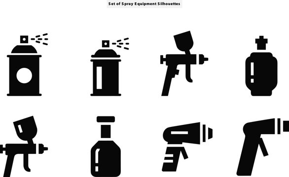 Spray paint equipment silhouette vector collection featuring aerosol cans paint guns trigger sprayers and bottle nozzles as bold icons on white background