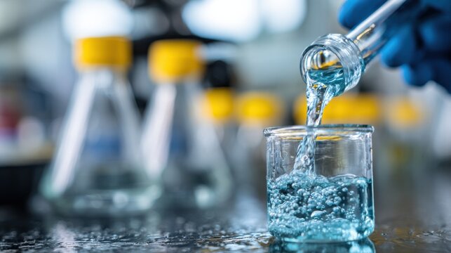 Closeup of a scientist pouring clear biocompatible resin into a mold with precise focus on the fluid texture and blurred lab equipment in the background.