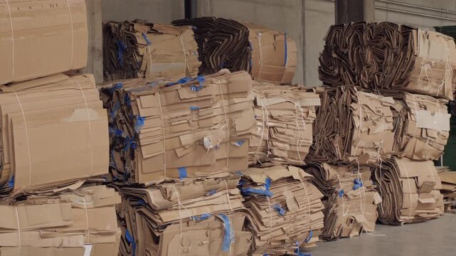 Cardboard bales stacked for recycling process