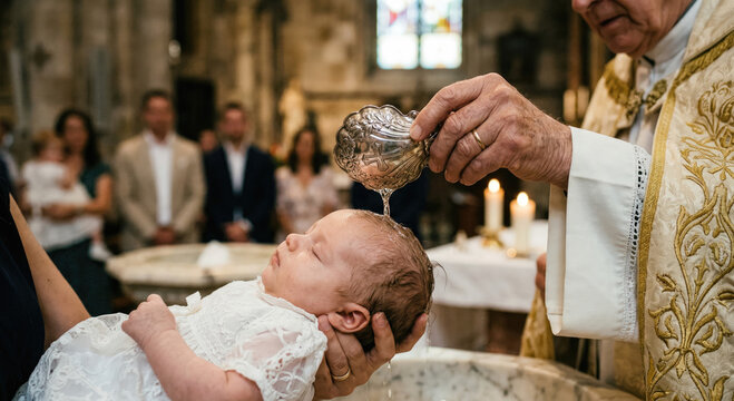 Baby receiving baptism in church with holy water