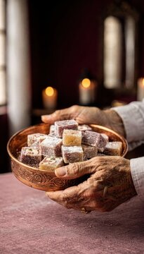 Elder hands holding orignal copper dish of Turkish delight sweets during a traditional celebration setting, authentic hospitality and cultural food dessert concept