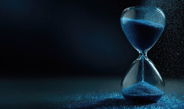 A close-up shot of a glass hourglass with blue sand flowing, on dark background