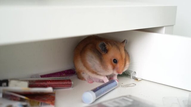 Funny Syrian hamster with big cheeks stuffed with food