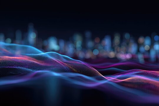 A vibrant futuristic city with blurred lights and abstract flowing waves of color