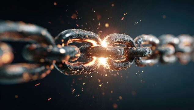 Close-up of chain links breaking apart with sparks and a dark blue background